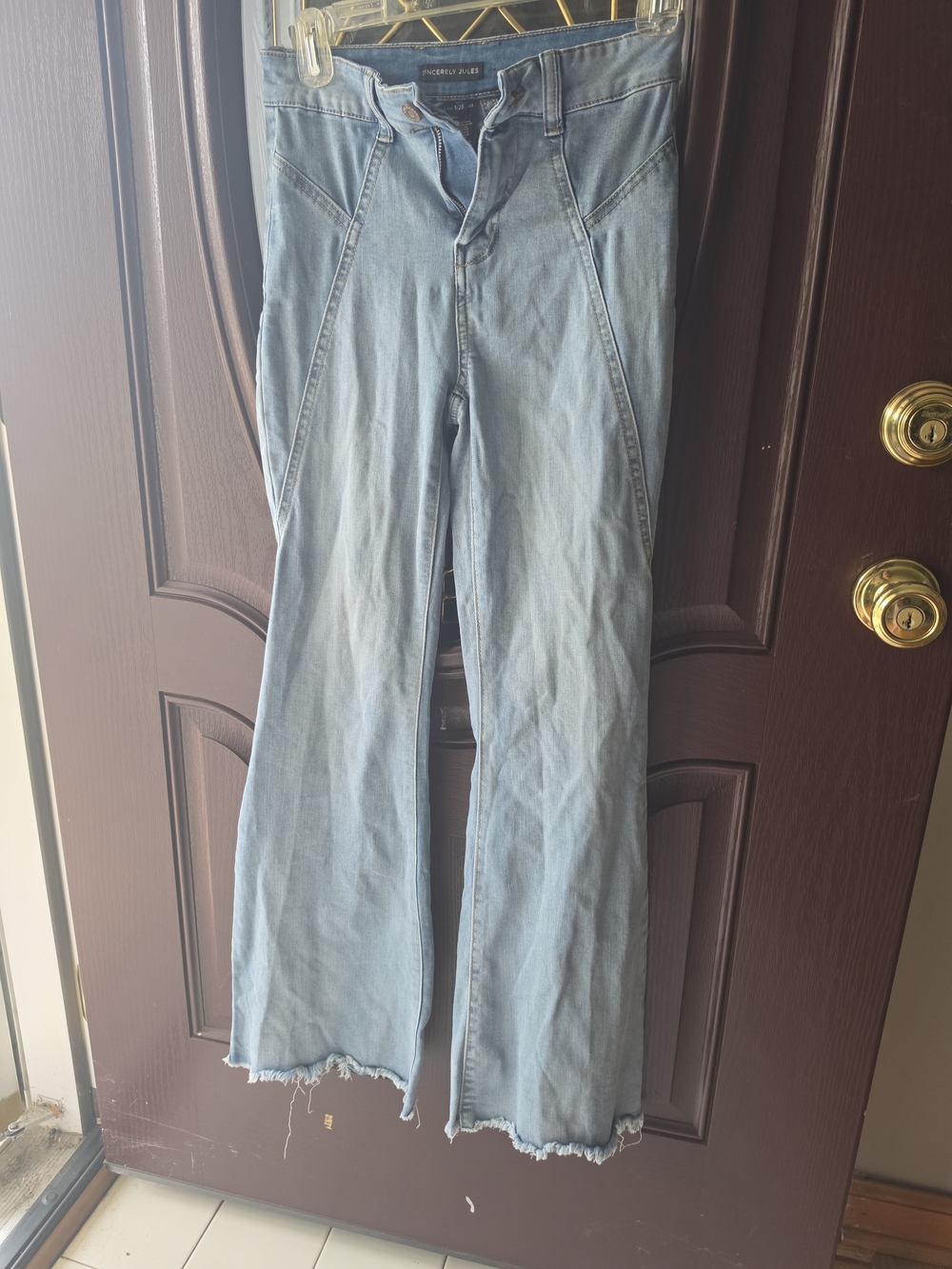 Sincerly Jules Light Blue Flare Jeans with Frayed Hem